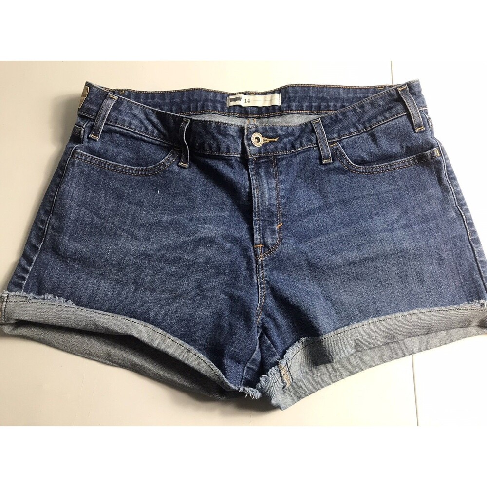 Levi Shorts Distressed Cutoff Denim Womens Size 14 Blue Raw Hem Rolled Up